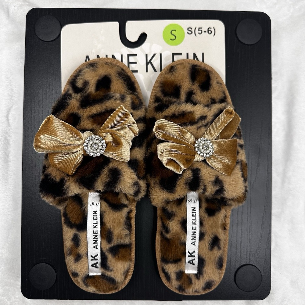 ANNE KLEIN Slippers Leopard Print Woman's 5/6 Faux Fur Slipper Shoe NWOB